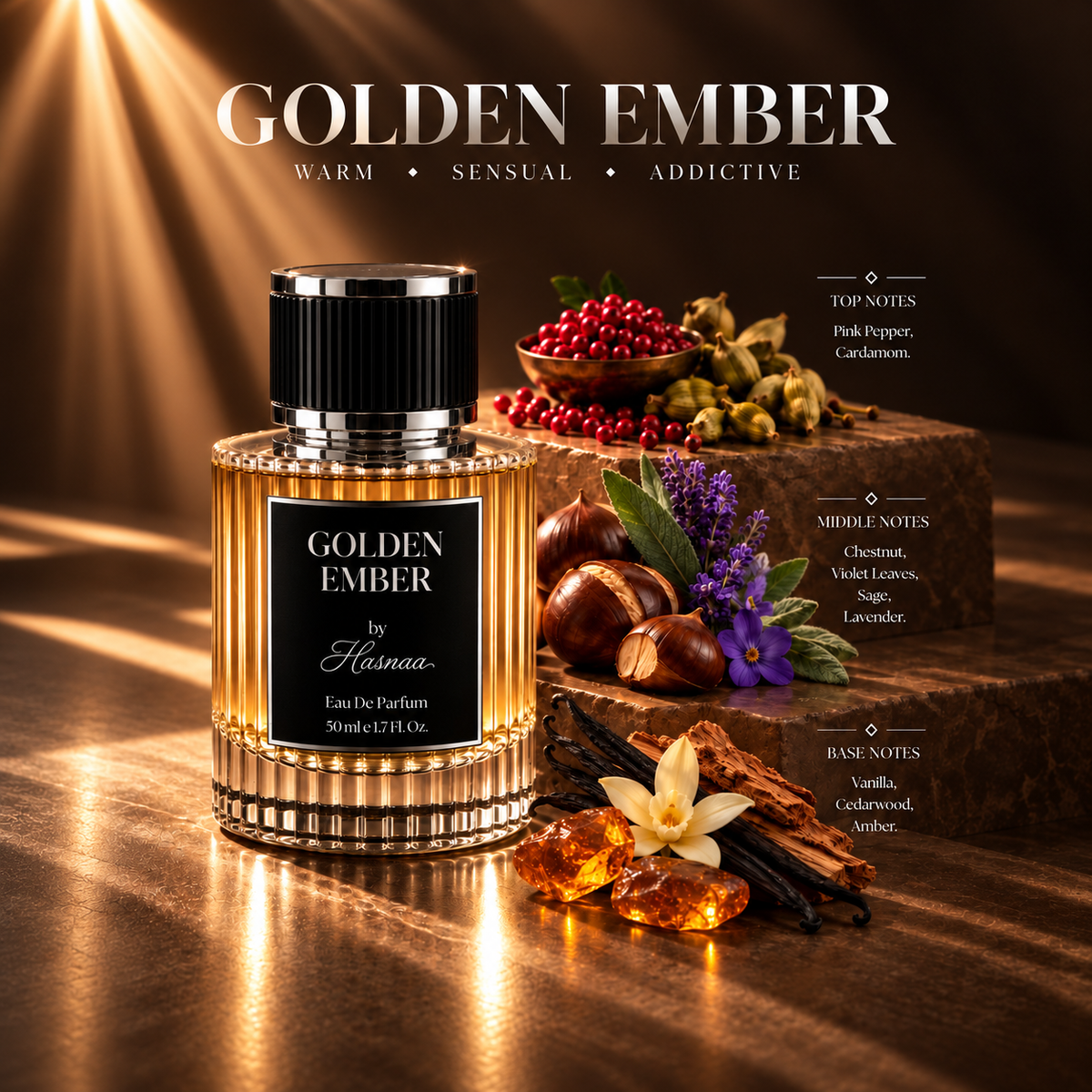 GOLDEN EMBER Eau de Parfum with its fragrance notes