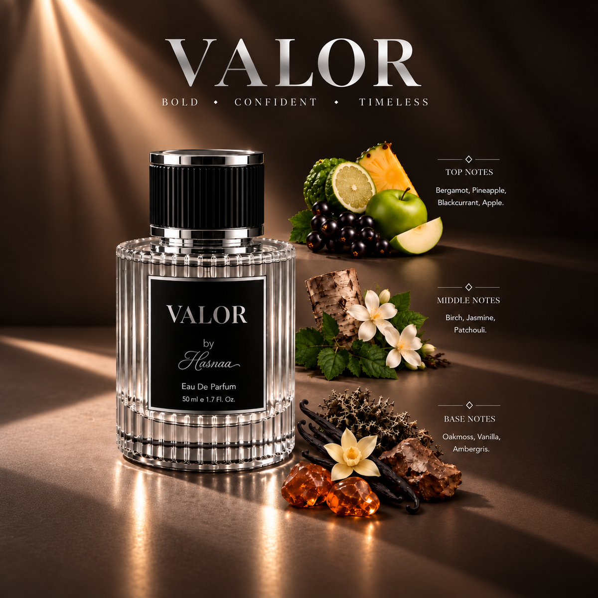 VALOR Eau de Parfum with its fragrance notes
